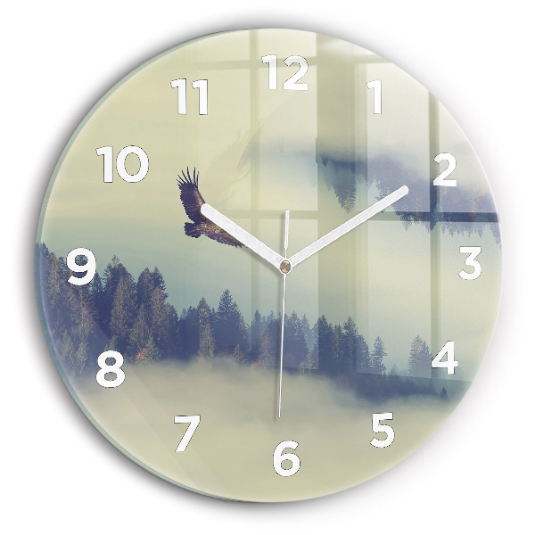 Round glass clock Misty forest eagle