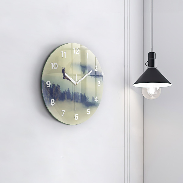 Round glass clock Misty forest eagle