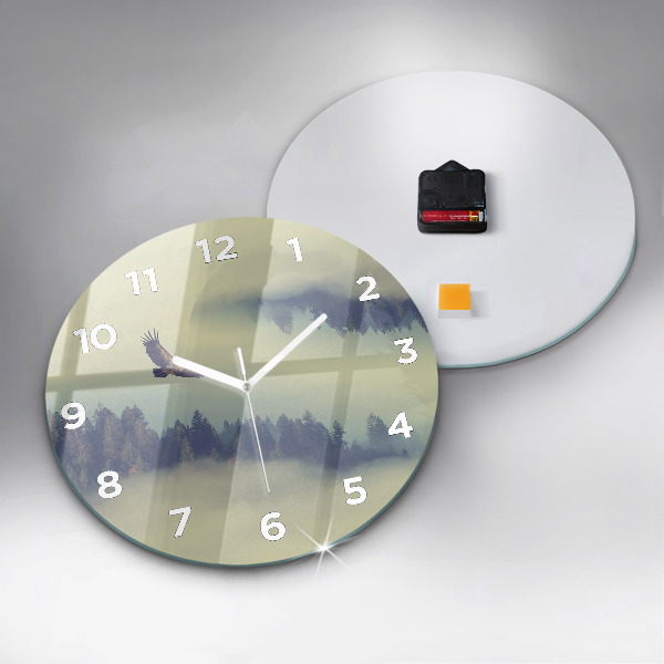 Round glass clock Misty forest eagle
