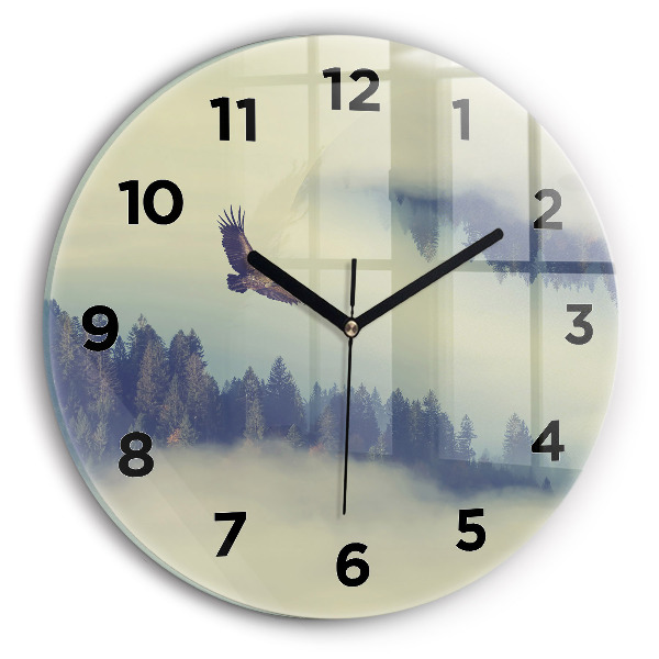 Round glass clock Misty forest eagle
