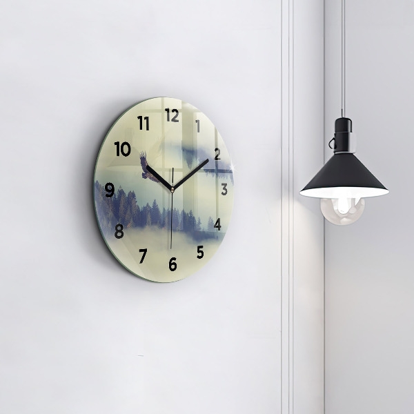 Round glass clock Misty forest eagle