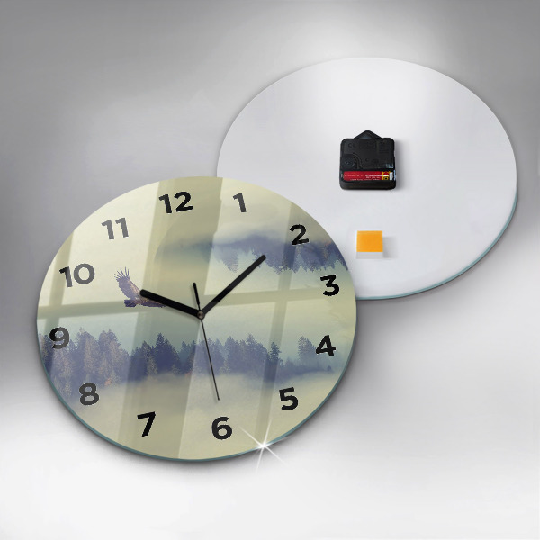 Round glass clock Misty forest eagle