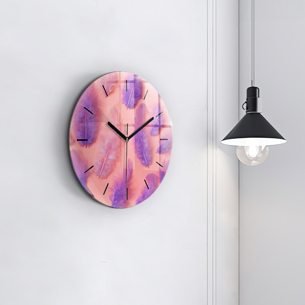 Round glass clock Colorful feathers