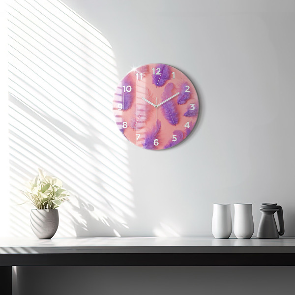 Round glass clock Colorful feathers