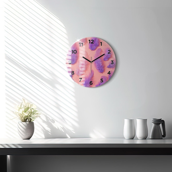 Round glass clock Colorful feathers