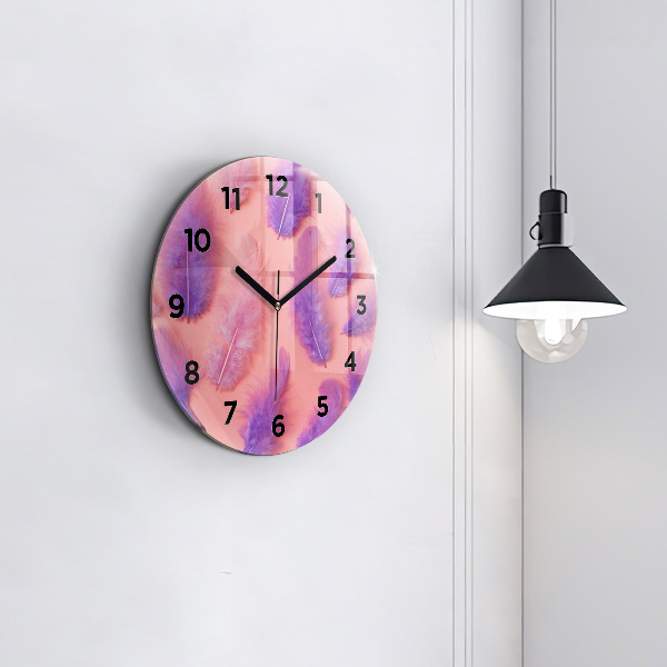 Round glass clock Colorful feathers