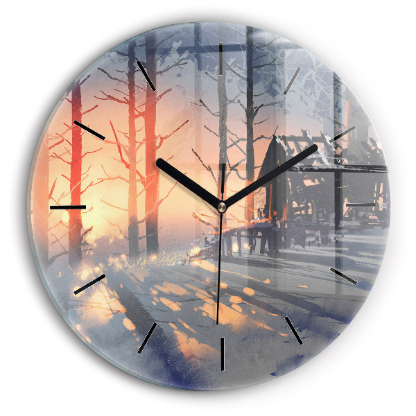 Round glass clock Winter Tree Landscape