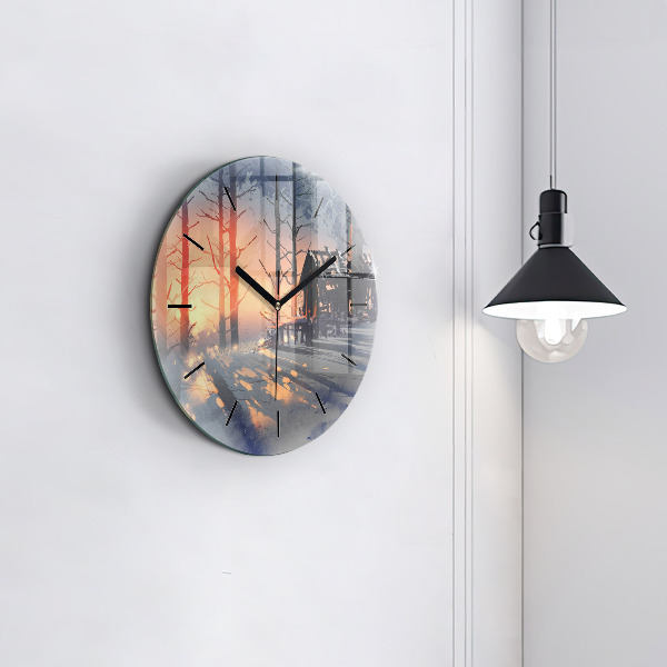 Round glass clock Winter Tree Landscape
