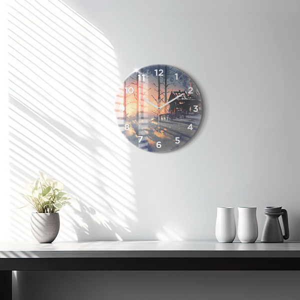 Round glass clock Winter Tree Landscape