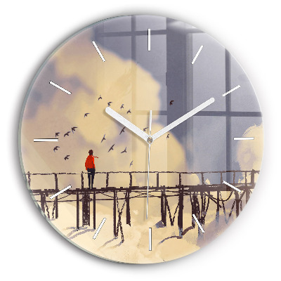 Round glass clock Man on the old bridge