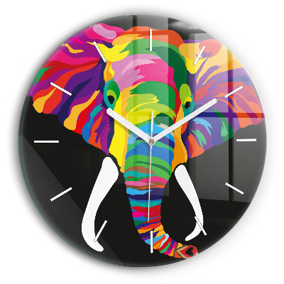 Round glass clock Colorful elephant