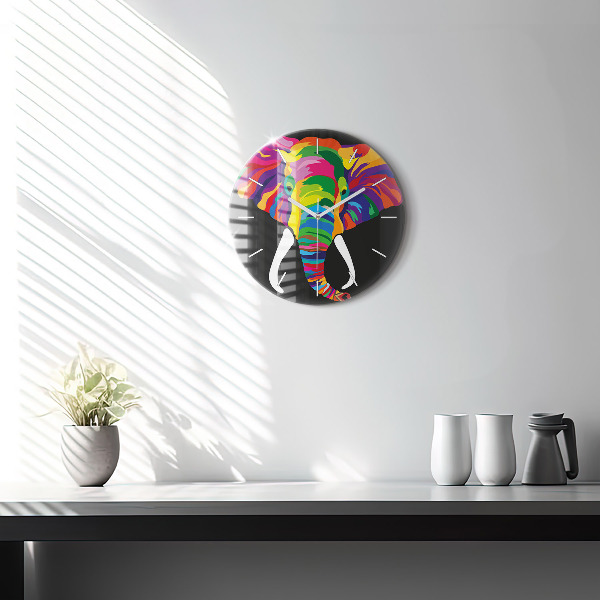 Round glass clock Colorful elephant