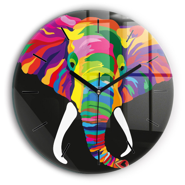 Round glass clock Colorful elephant