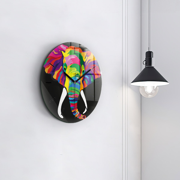 Round glass clock Colorful elephant