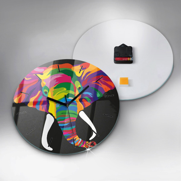 Round glass clock Colorful elephant