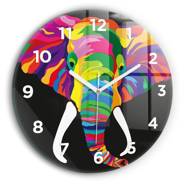 Round glass clock Colorful elephant