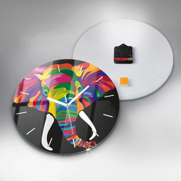 Round glass clock Colorful elephant