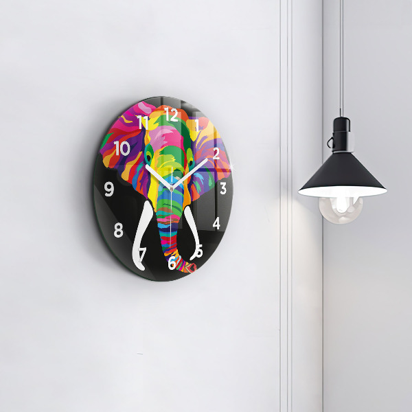 Round glass clock Colorful elephant