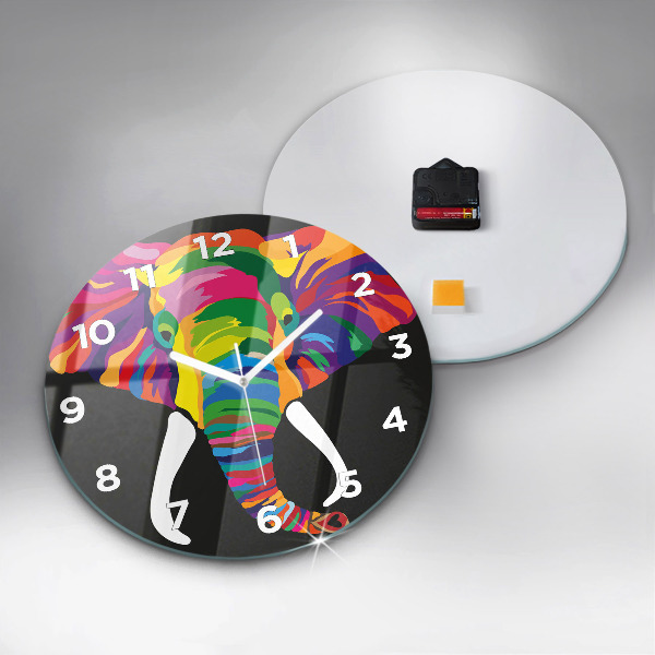Round glass clock Colorful elephant