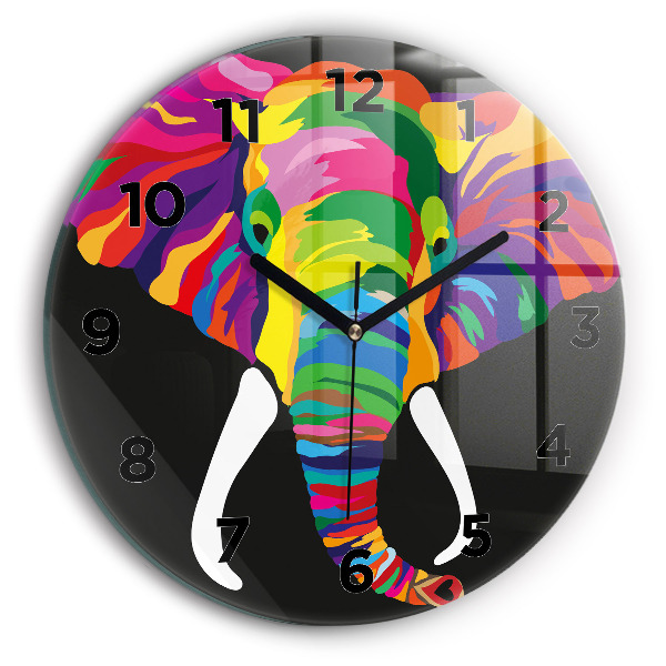 Round glass clock Colorful elephant