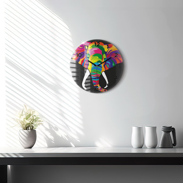 Round glass clock Colorful elephant