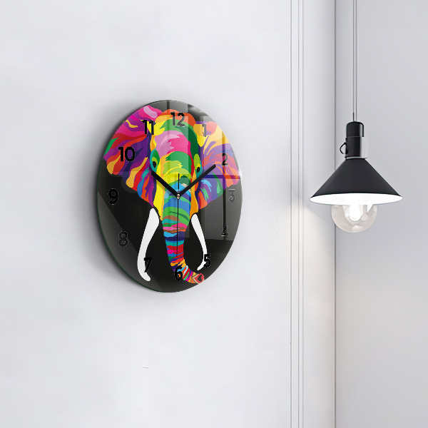 Round glass clock Colorful elephant