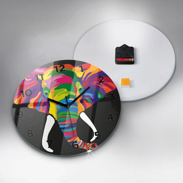 Round glass clock Colorful elephant