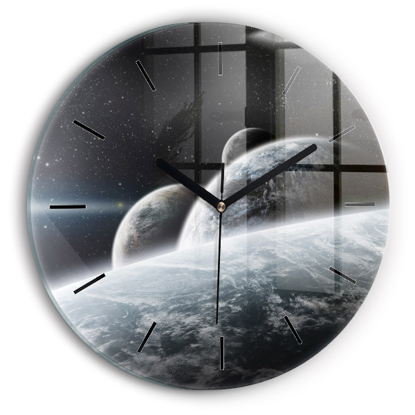 Round glass clock Space and planets