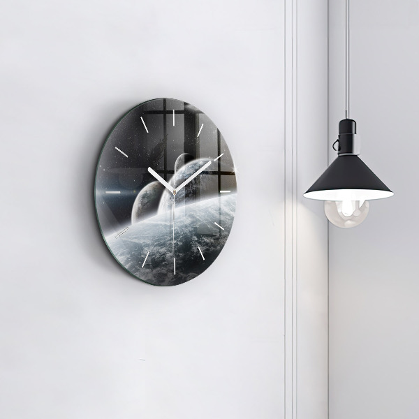Round glass clock Space and planets