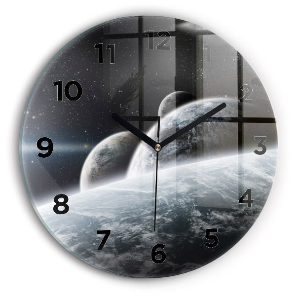 Round glass clock Space and planets