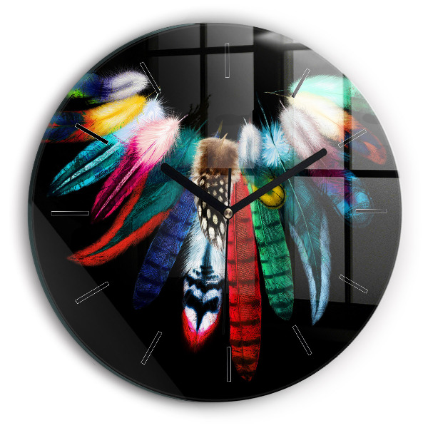 Round glass clock Colorful bird feathers
