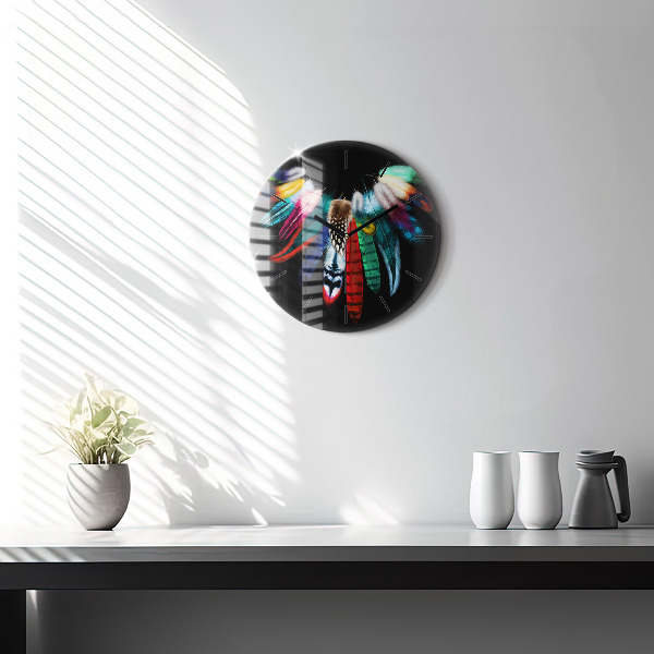 Round glass clock Colorful bird feathers