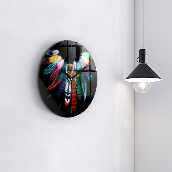 Round glass clock Colorful bird feathers
