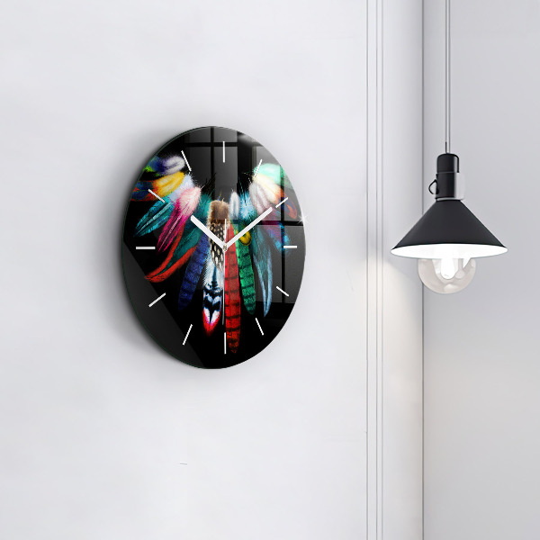 Round glass clock Colorful bird feathers