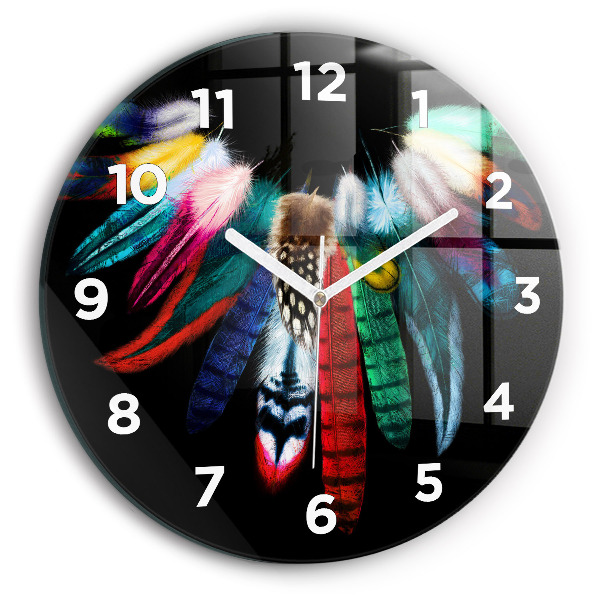 Round glass clock Colorful bird feathers