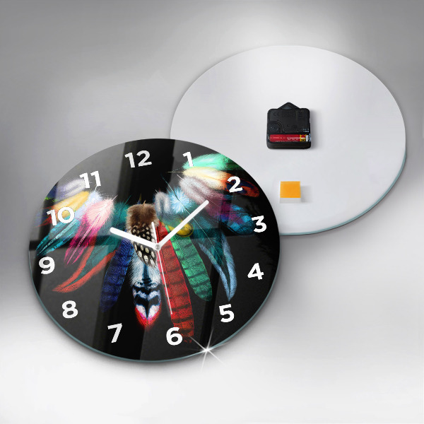 Round glass clock Colorful bird feathers