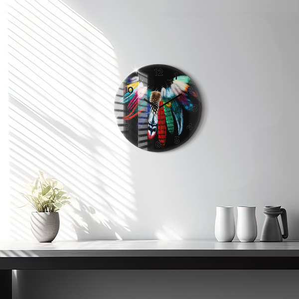 Round glass clock Colorful bird feathers