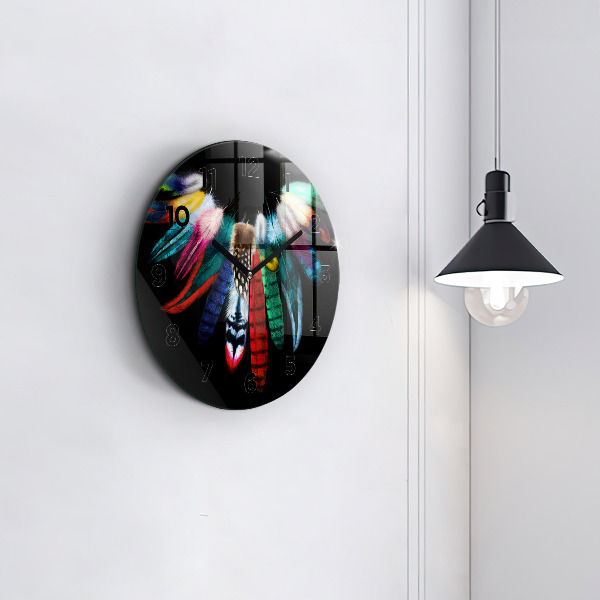Round glass clock Colorful bird feathers