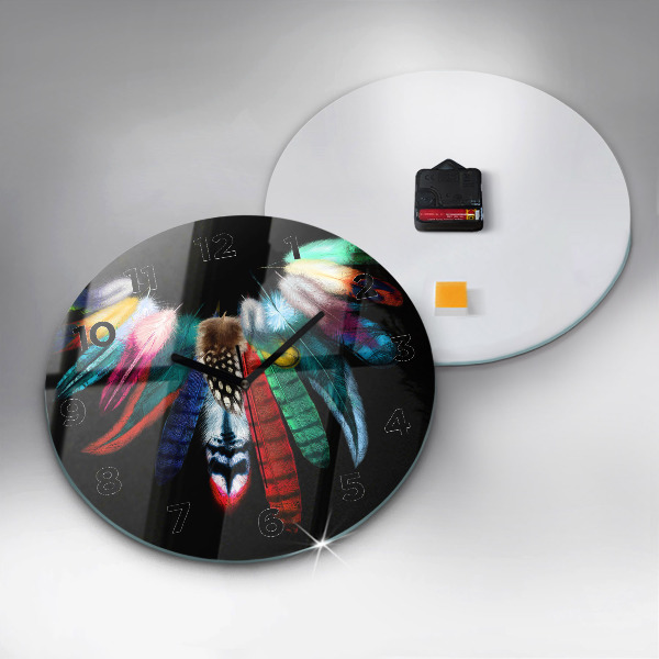 Round glass clock Colorful bird feathers