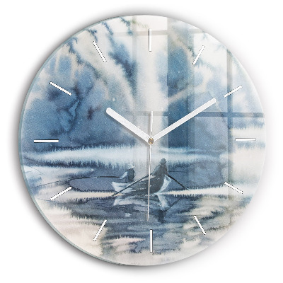 Round glass clock Fisherman on the lake