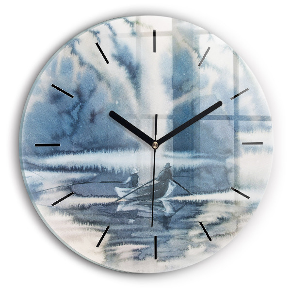Round glass clock Fisherman on the lake