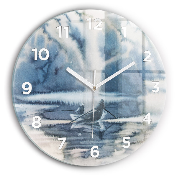 Round glass clock Fisherman on the lake