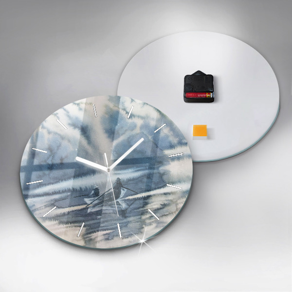 Round glass clock Fisherman on the lake