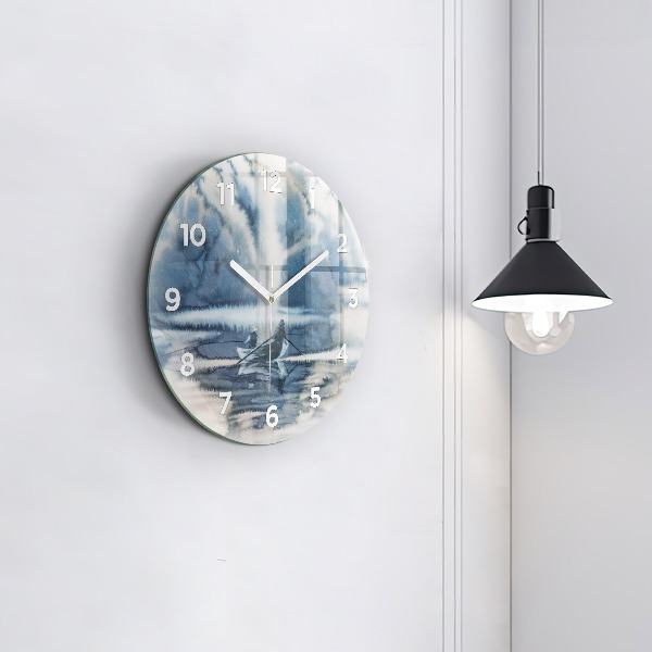 Round glass clock Fisherman on the lake