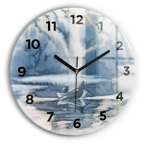 Round glass clock Fisherman on the lake
