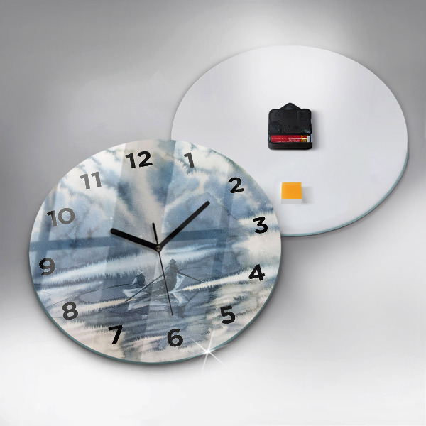 Round glass clock Fisherman on the lake