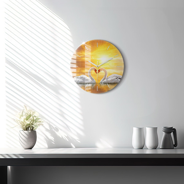 Round glass clock Swans in Love