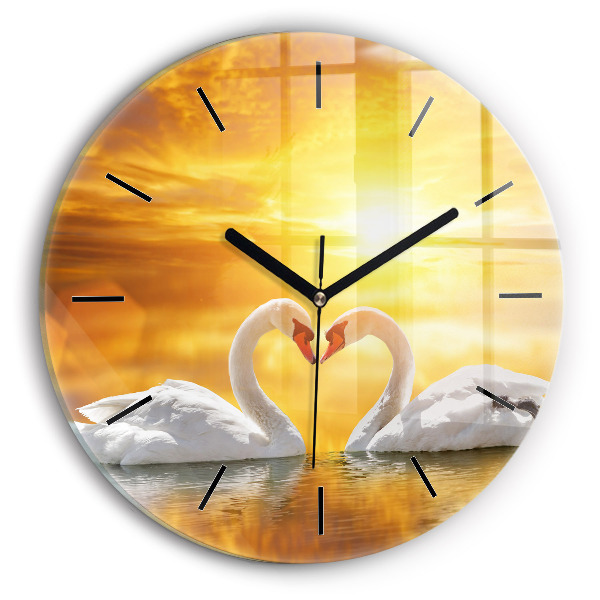 Round glass clock Swans in Love