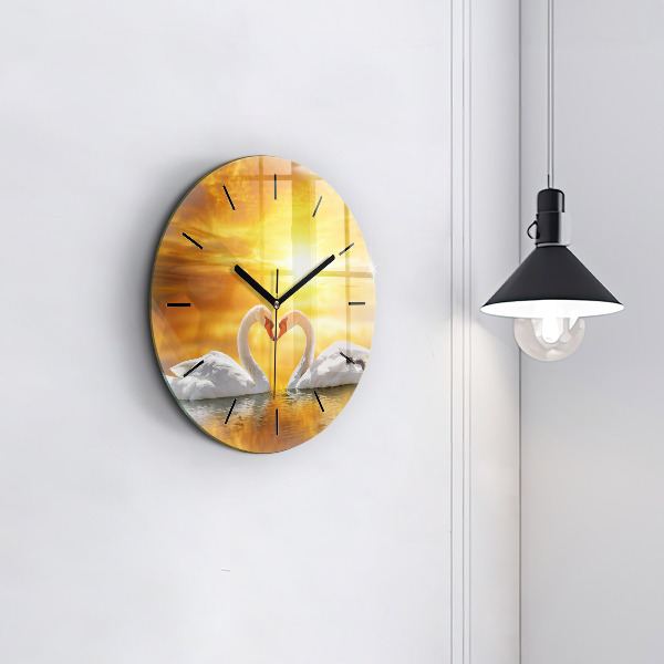 Round glass clock Swans in Love