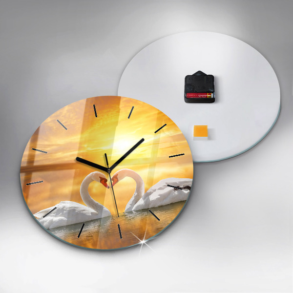 Round glass clock Swans in Love